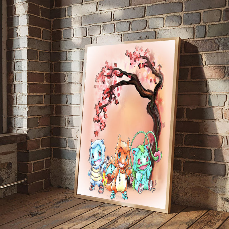 Gen 1 Bulbasaur Charmander Squirtle Anime Cherry Blossom Japan - Living Room - Canvas Wall Art - Print - Wall Decor