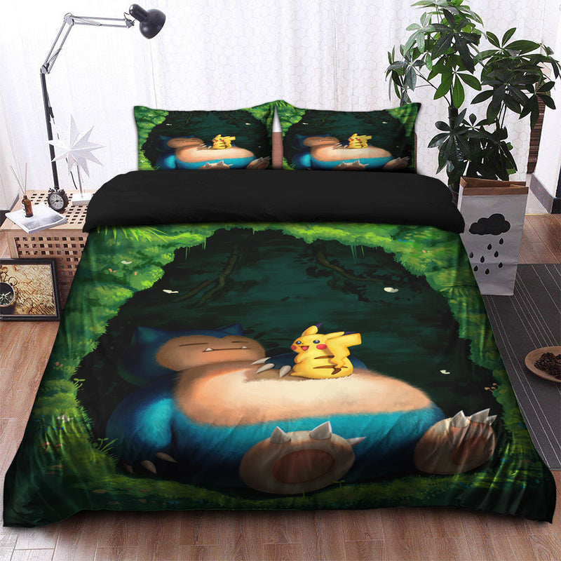 Pokemon Sleeping Snorlax & Pikachu Illustration Bedding Set Duvet Cover And 2 Pillowcases Nearkii