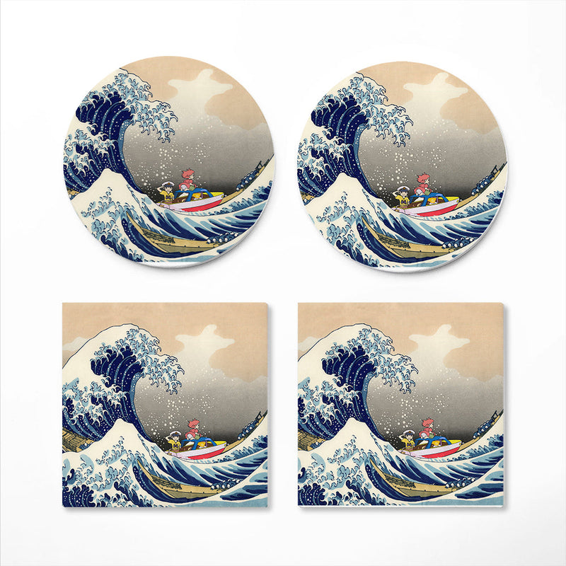 Ponyo On The Cliff By The Sea The Great Wave Japan Ceramic Decor Coaster - Gift Idea