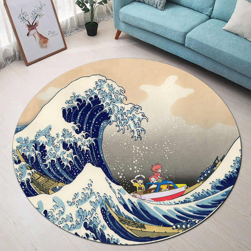 Ponyo On The Cliff By The Sea The Great Wave Japan Round Rug