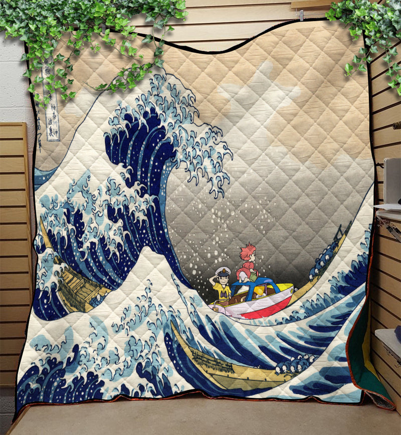 Ponyo On The Cliff By The Sea The Great Wave Ghibli Japan Quilt Blanket