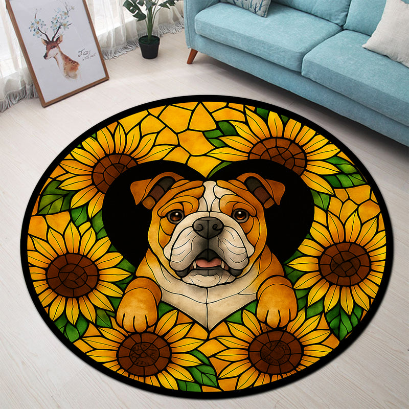 Cute Pug Dog Sunflower Stained Stained Glass Round Rug