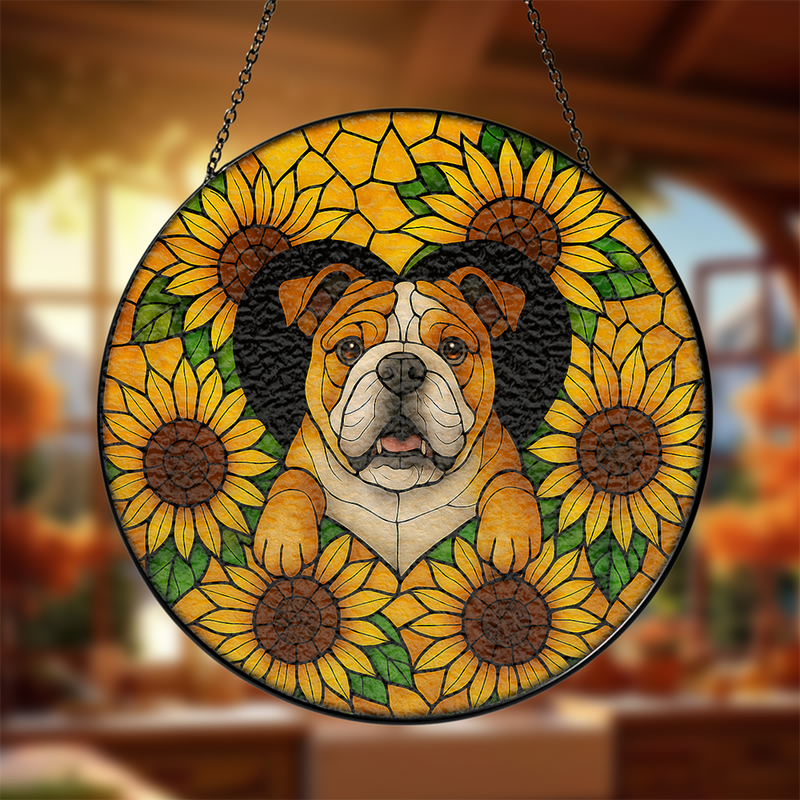 Pug Dog Sunflower Stained Glass Suncatcher