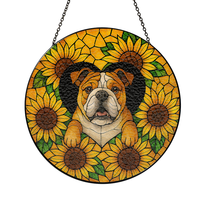 Pug Dog Sunflower Stained Glass Suncatcher