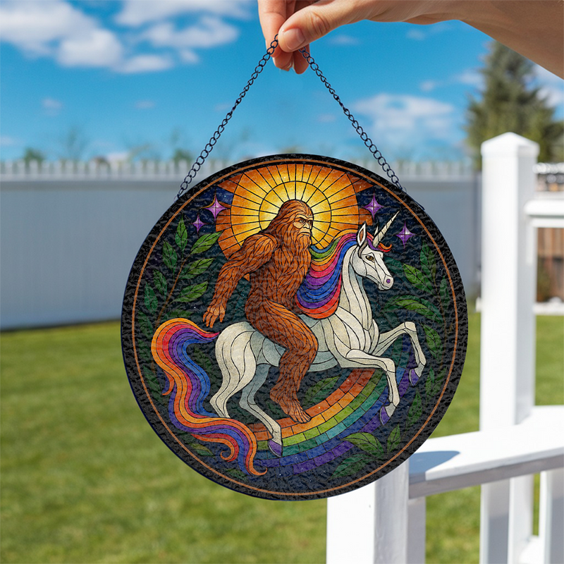 Rainbow Legend Bigfoot and Unicorn Stained Glass Suncatcher
