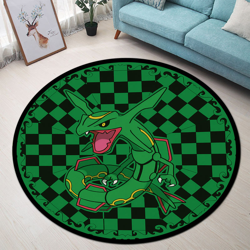 Rayquaza Green Checkered Pokemon Round Rug