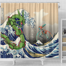 Rayquaza vs Dyoxic Pokemon The Great Wave Shower Curtain