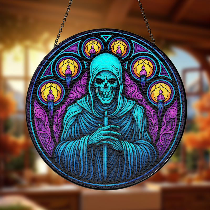 Reaper Skull With Candle Stained Glass Suncatcher