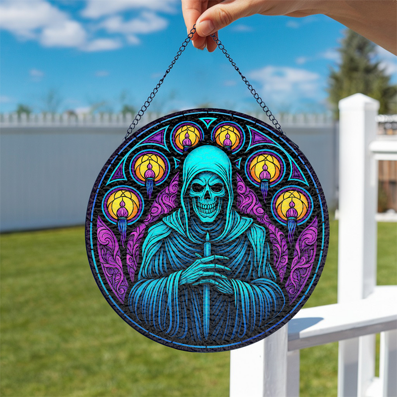 Reaper Skull With Candle Stained Glass Suncatcher
