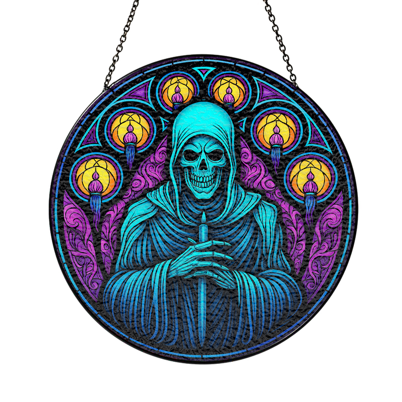 Reaper Skull With Candle Stained Glass Suncatcher