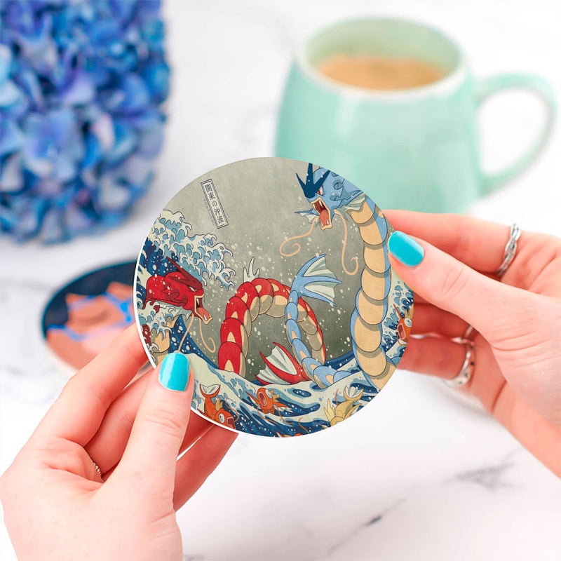 Red Vs Blue Gyarados Pokemon The Great Wave Japan Ceramic Decor Coaster - Gift Idea