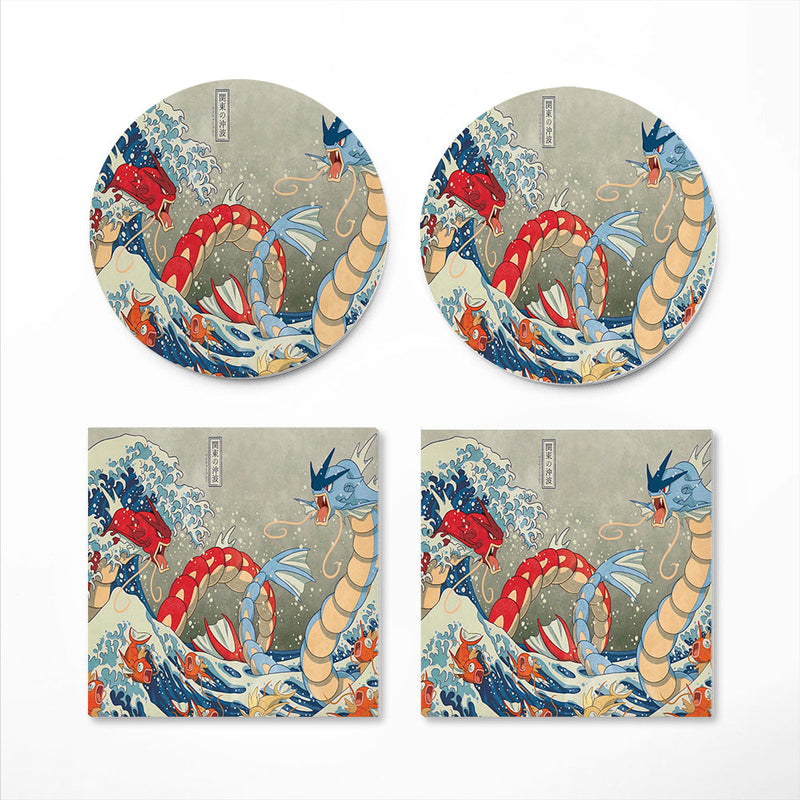 Red Vs Blue Gyarados Pokemon The Great Wave Japan Ceramic Decor Coaster - Gift Idea