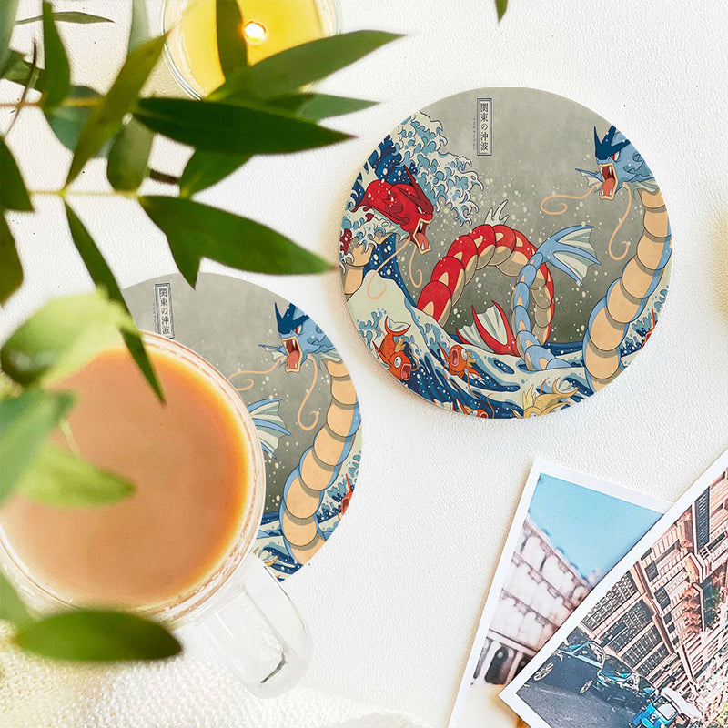 Red Vs Blue Gyarados Pokemon The Great Wave Japan Ceramic Decor Coaster - Gift Idea