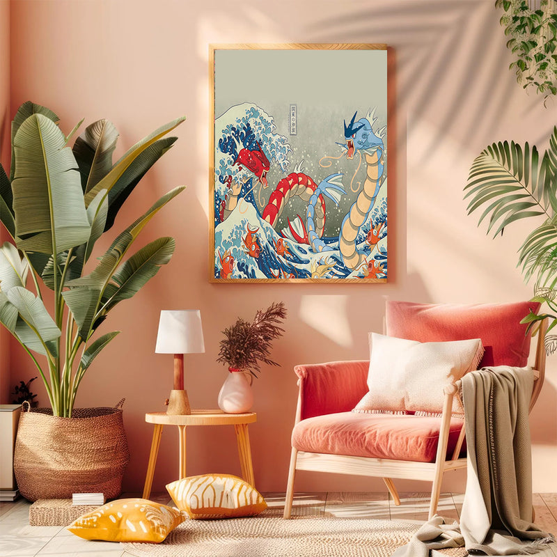 Red Vs Blue Gyarados Pokemon The Great Wave Japan - Living Room - Canvas Wall Art - Print - Wall Decor