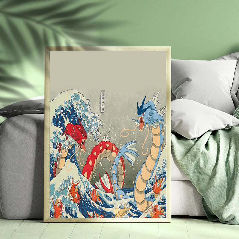 Red Vs Blue Gyarados Pokemon The Great Wave Japan - Living Room - Canvas Wall Art - Print - Wall Decor