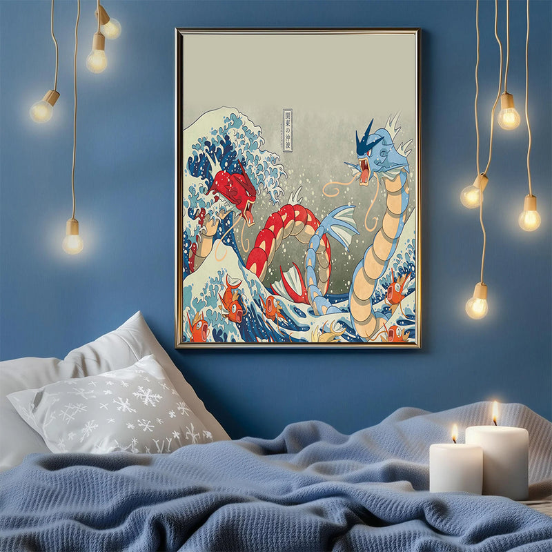 Red Vs Blue Gyarados Pokemon The Great Wave Japan - Living Room - Canvas Wall Art - Print - Wall Decor