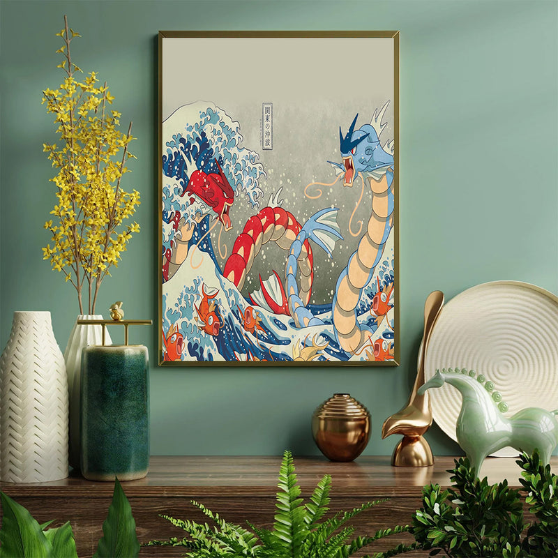 Red Vs Blue Gyarados Pokemon The Great Wave Japan - Living Room - Canvas Wall Art - Print - Wall Decor