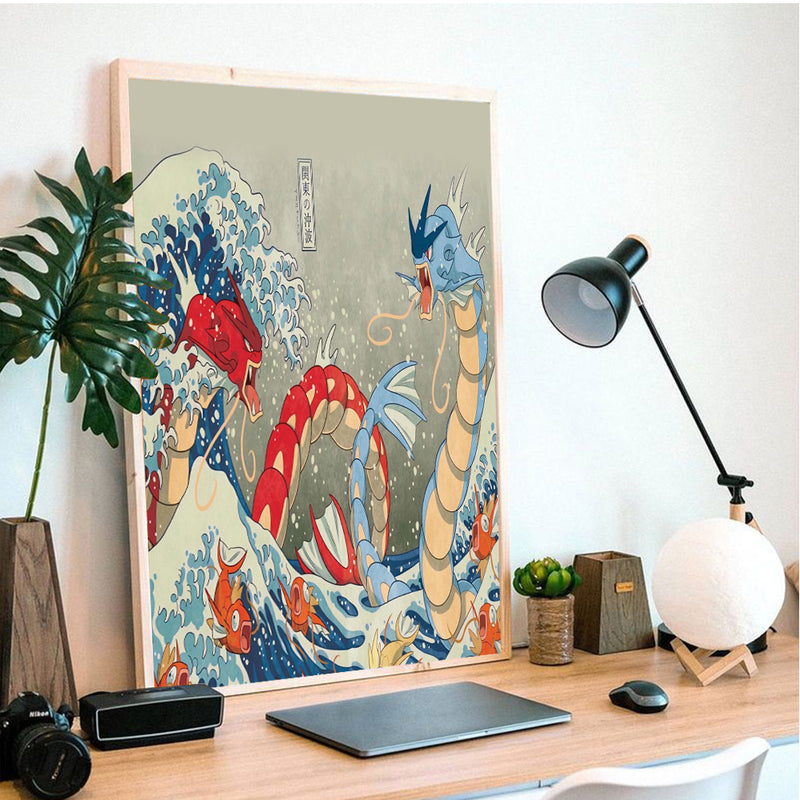 Red Vs Blue Gyarados Pokemon The Great Wave Japan - Living Room - Canvas Wall Art - Print - Wall Decor