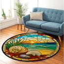 Seashells and Starfish Beach Stained Glass Round Rug