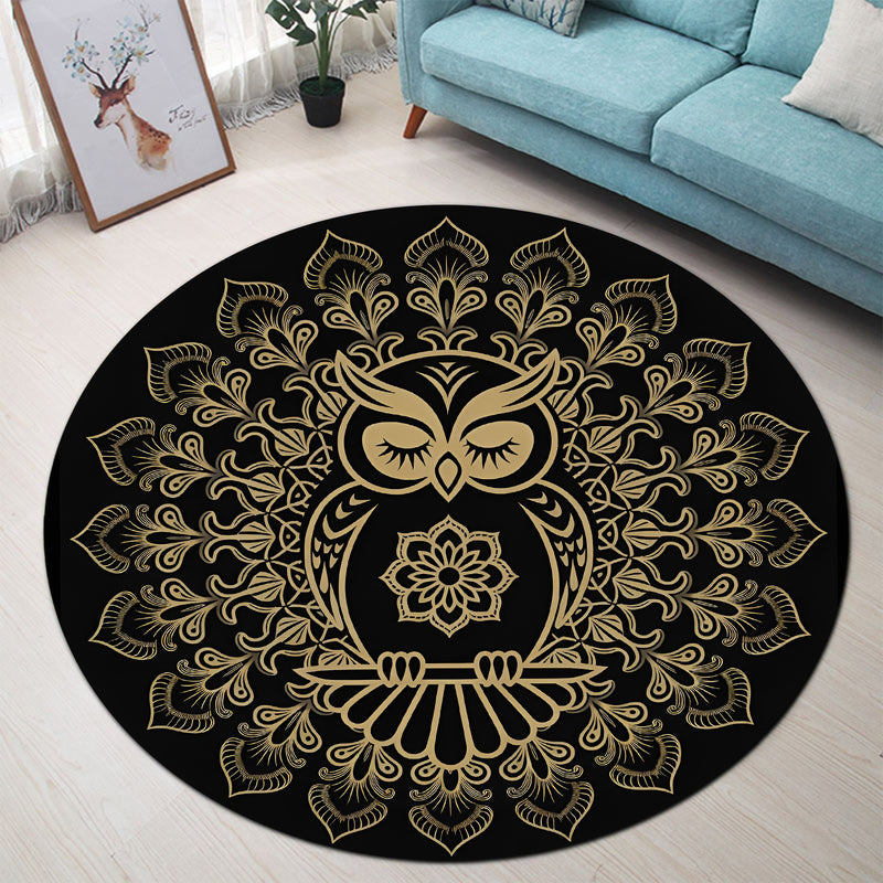 Sleeping Owl Mandala Round Carpet Rug Bedroom Living Room Home Decor
