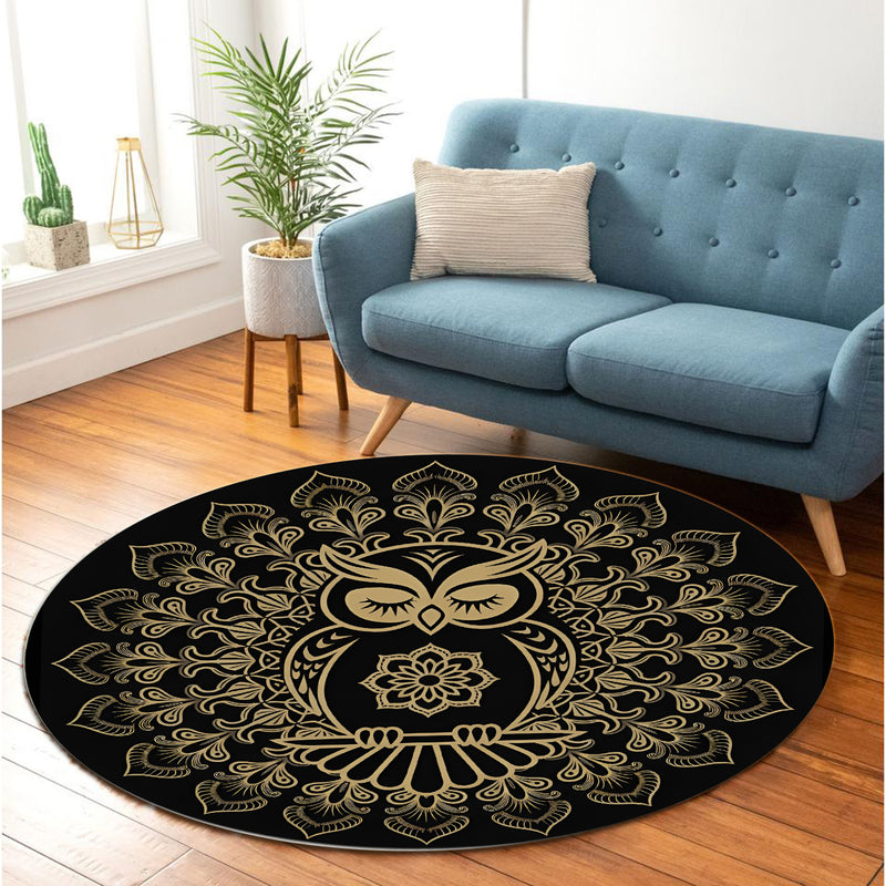 Sleeping Owl Mandala Round Carpet Rug Bedroom Living Room Home Decor