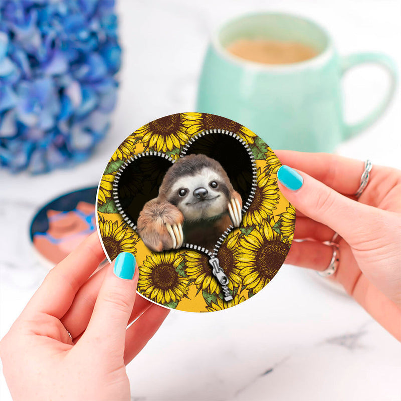 Sloth Cute Sunflower Zipper Ceramic Decor Coaster - Gift Idea