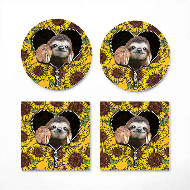 Sloth Cute Sunflower Zipper Ceramic Decor Coaster - Gift Idea