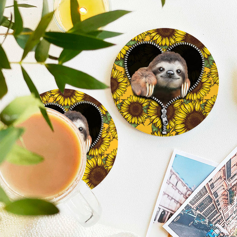 Sloth Cute Sunflower Zipper Ceramic Decor Coaster - Gift Idea