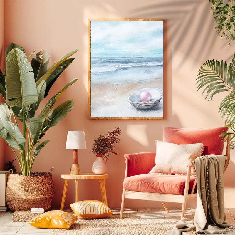 Pink Pearl In A Shell By The Sea - Living Room - Canvas Wall Art - Print - Wall Decor