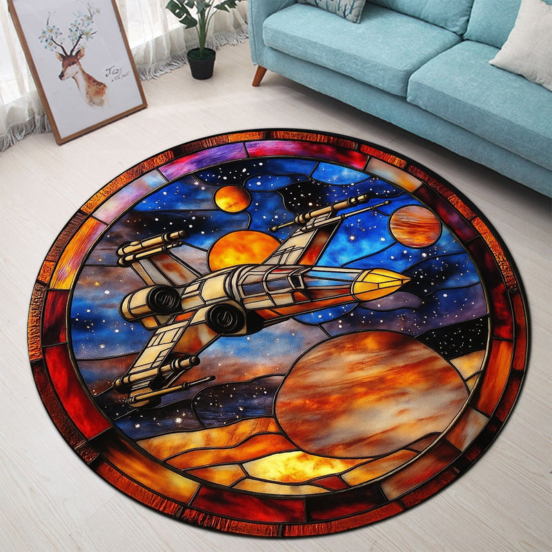 Spaceship Stained Glass Round Rug