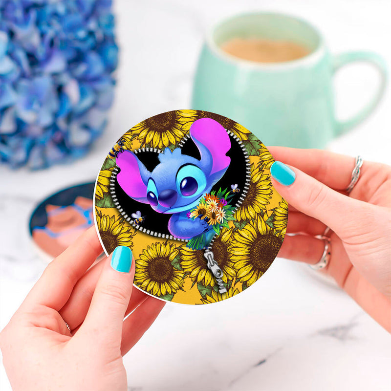 Stitch Cute Sunflower Zipper Ceramic Decor Coaster - Gift Idea