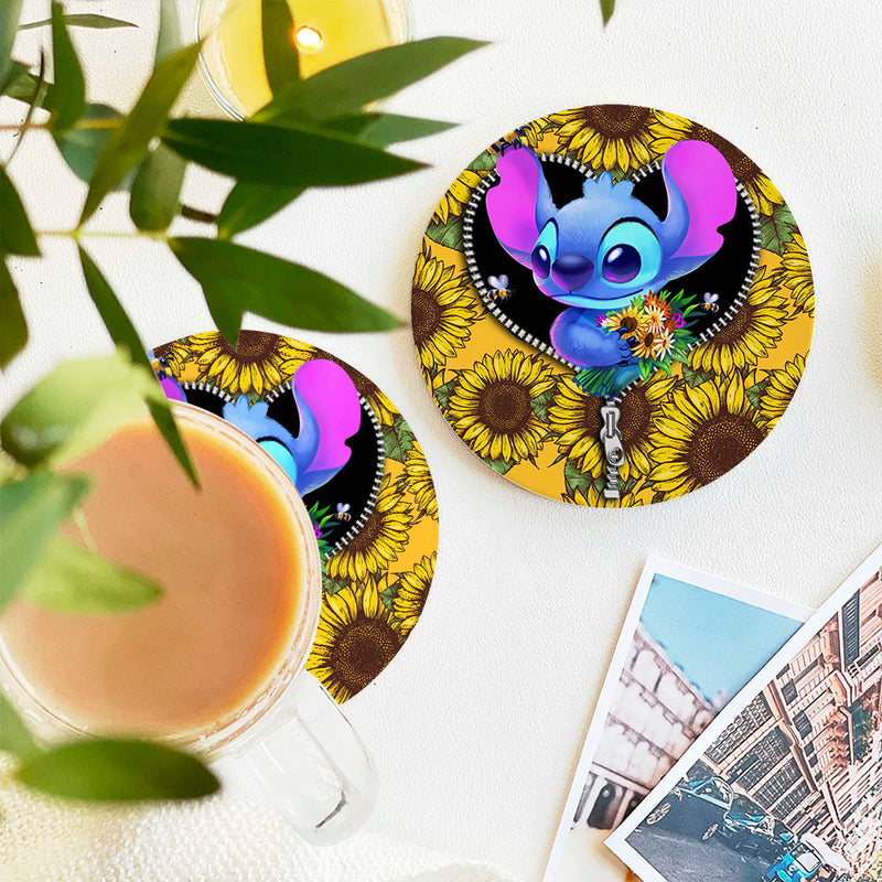 Stitch Cute Sunflower Zipper Ceramic Decor Coaster - Gift Idea