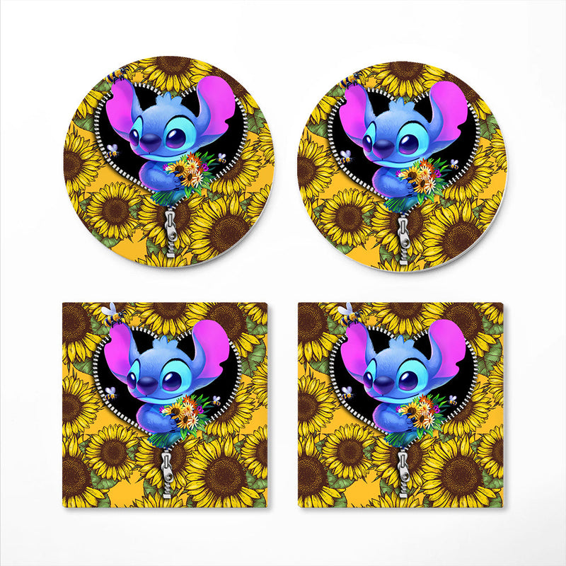 Stitch Cute Sunflower Zipper Ceramic Decor Coaster - Gift Idea