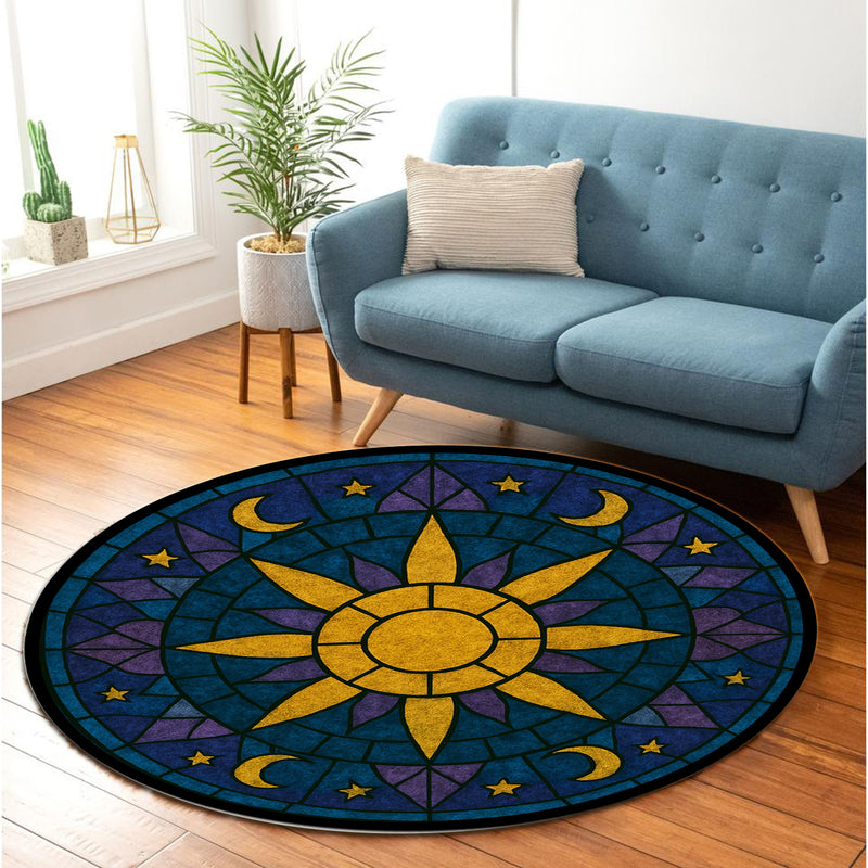 Sun and Moon Stained Glass Round Rug