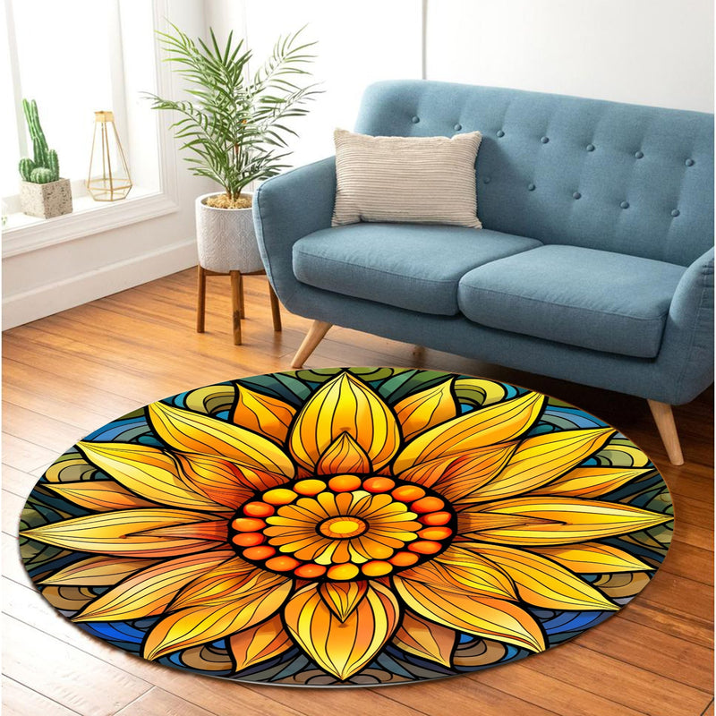 Sunflower Green Stained Glass Round Rug