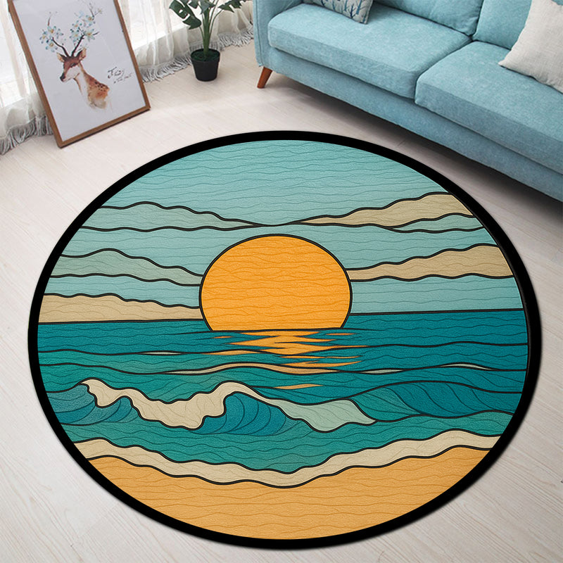 Summer Sunset On Ocean Stained Glass Round Rug