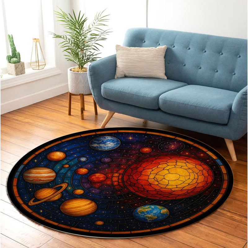 The Galaxy Solar System Stained Glass Round Rug