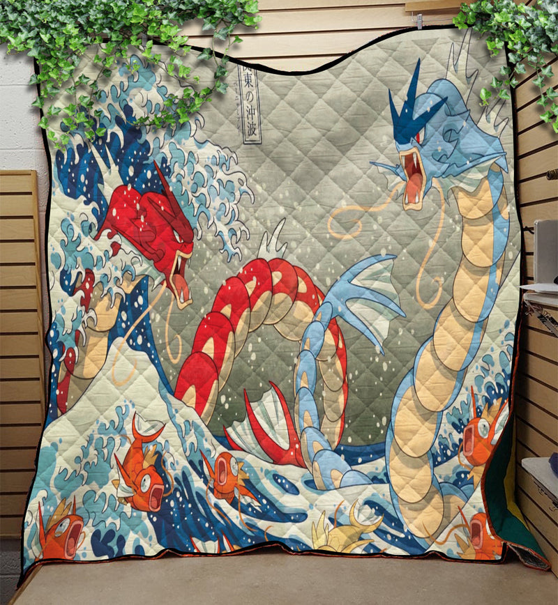 Red Vs Blue Gyarados Pokemon The Great Wave Japan Quilt Blanket