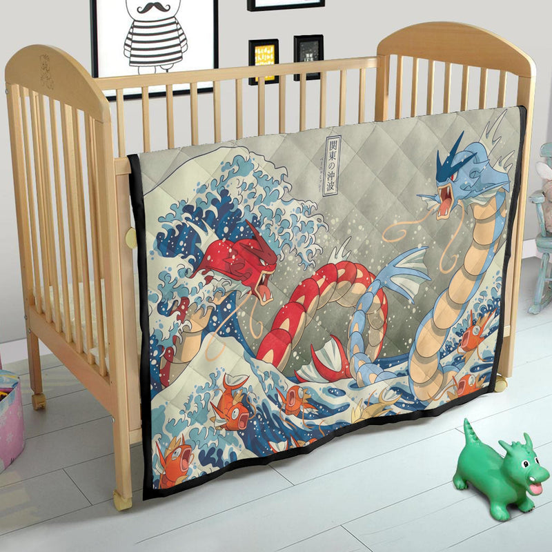 Red Vs Blue Gyarados Pokemon The Great Wave Japan Quilt Blanket