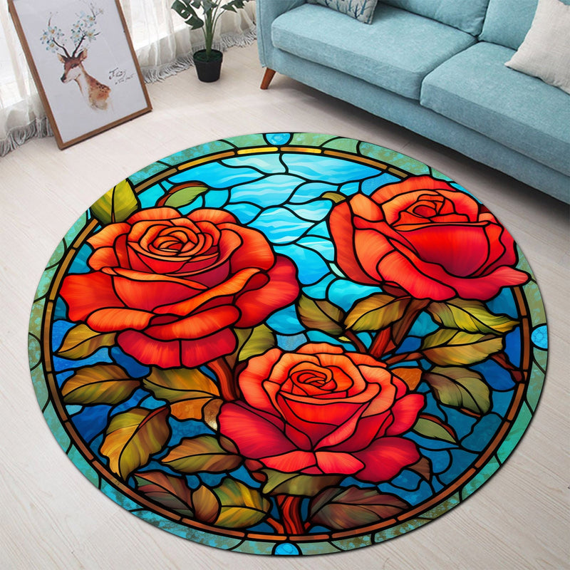 Three Roses Stained Glass Round Rug