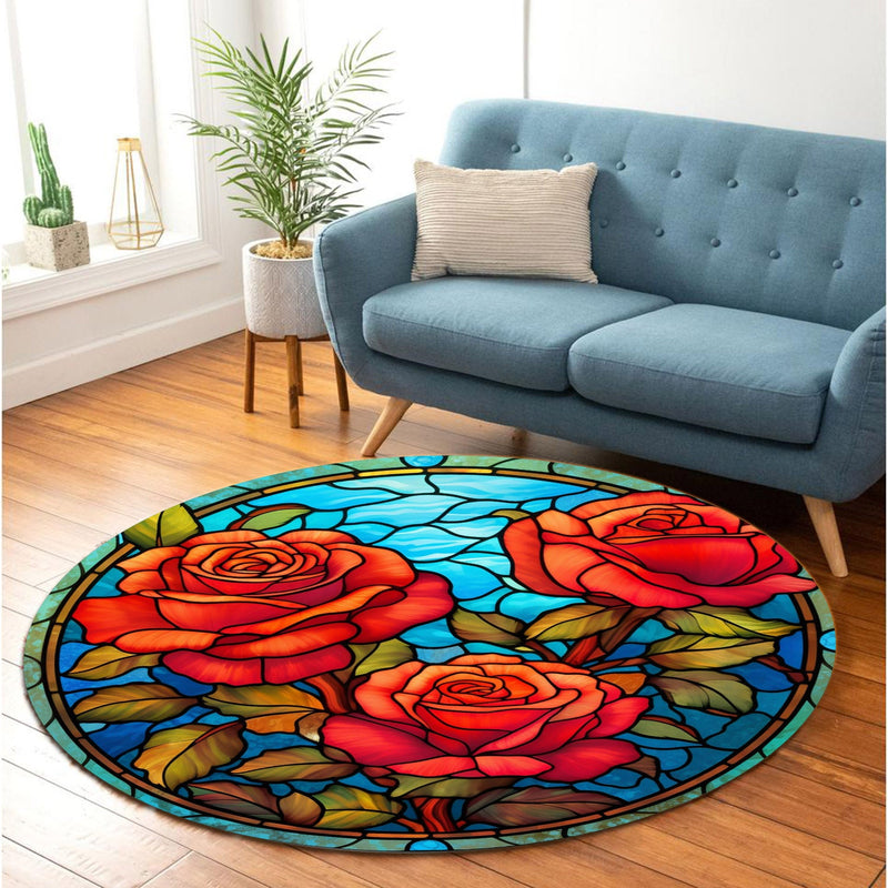 Three Roses Stained Glass Round Rug