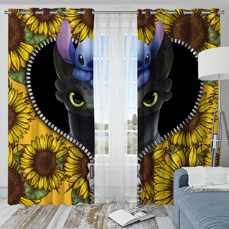 Toothless And Stitch Sunflower Zipper Window Curtain