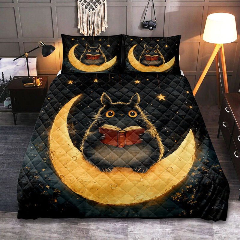 Totoro Reading On A Crescent Moon Quilt Bed Sets