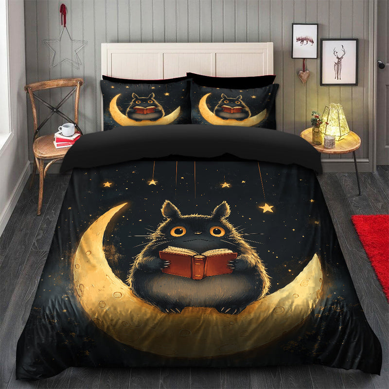 Totoro Reading On A Crescent Moon Bedding Set Duvet Cover And 2 Pillowcases