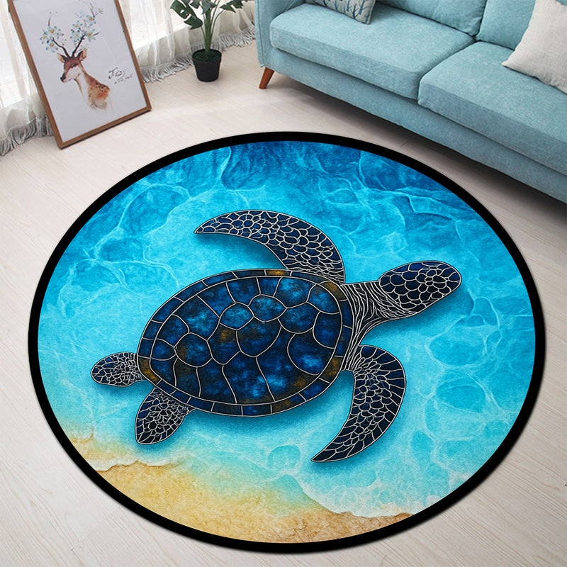 Sea Turtle Swimming Summer Round Rug