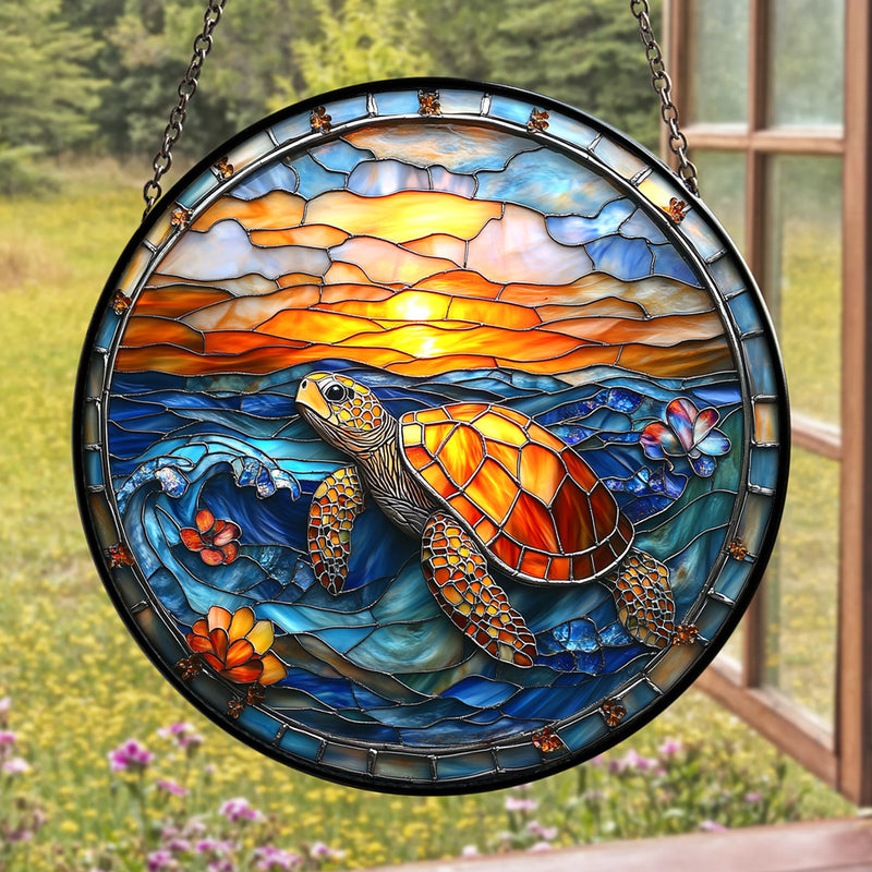 Turtle Round Stained Glass Suncatcher