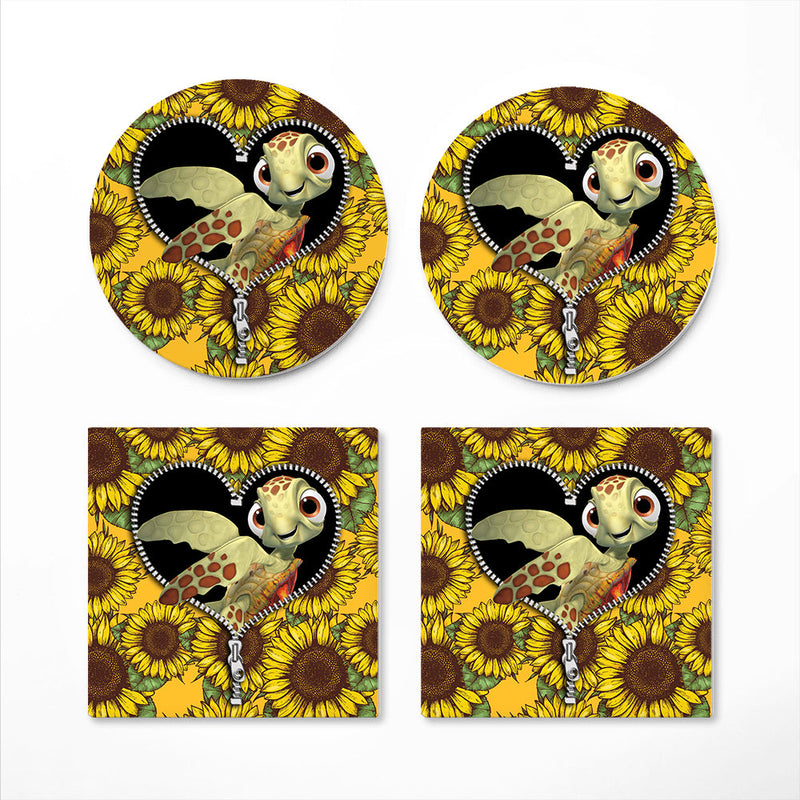 Turtle Sunflower Zipper Ceramic Decor Coaster - Gift Idea