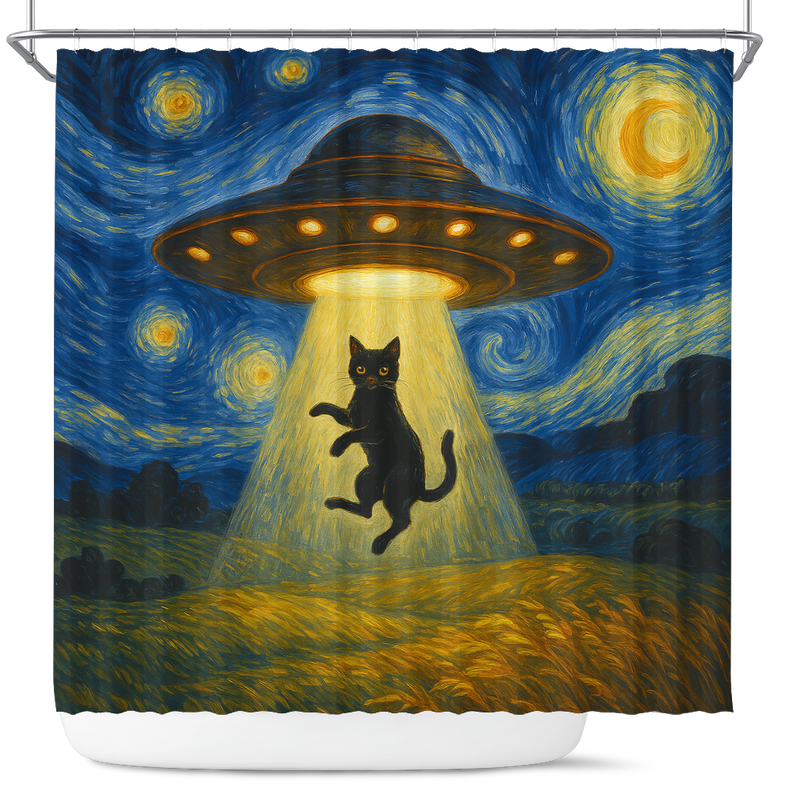 UFO Alien Abducting Black Cat In Starry Night Shower Curtain