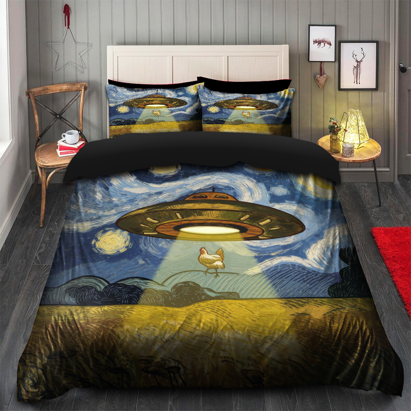 UFO Abducting A Chicken In Starry Night Bedding Set