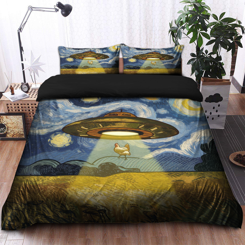 UFO Abducting A Chicken In Starry Night Bedding Set